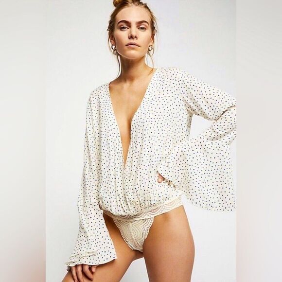 Free People White Bodysuit with Navy Dots; Size Medium; like new! - Picture 1 of 11